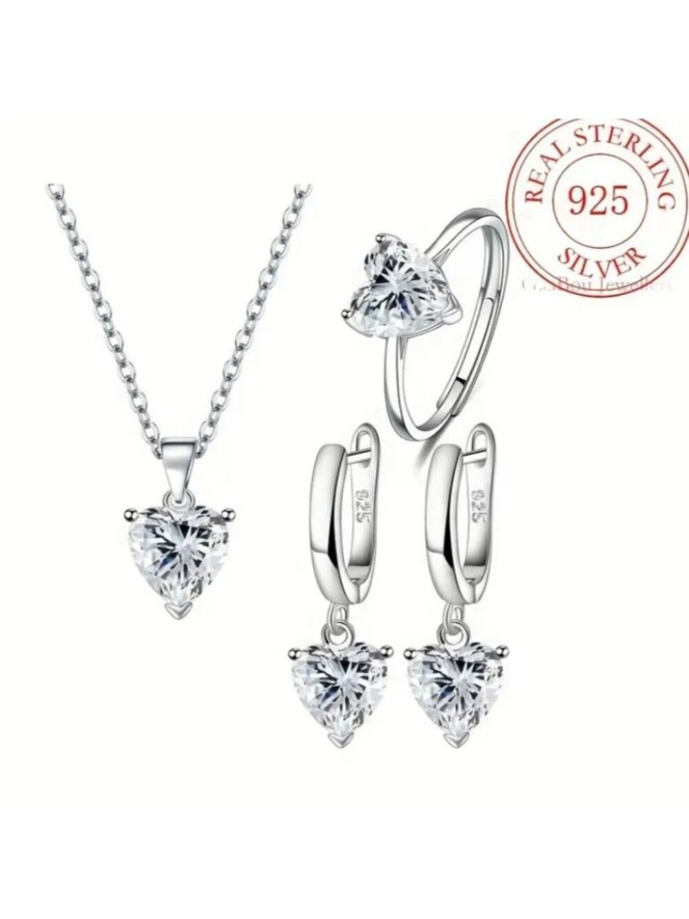 925 Sterling Silver Romantic Heart-Shaped Cubic Zirconia Necklace, Ring, And Ear